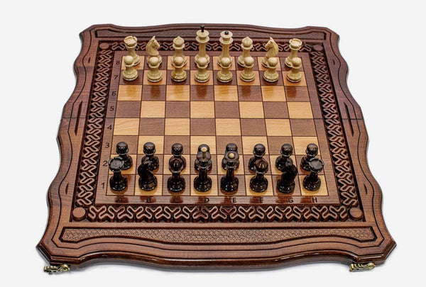 Carved Chess Set with Ornaments and Backgammon Inside - handmade wooden combo board
