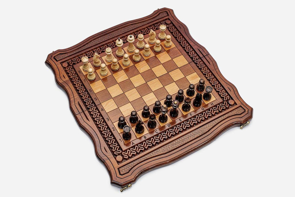 Ornament chess backgammon set with pieces, checkers, dice and carrying bag