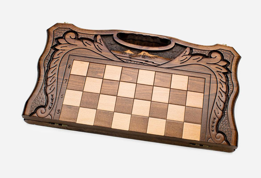Detail of the inlaid twin-peaked Mount Ararat above the built-in carry handle