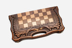 Angled view of the 50 cm Mount Ararat chess set with its wooden pieces