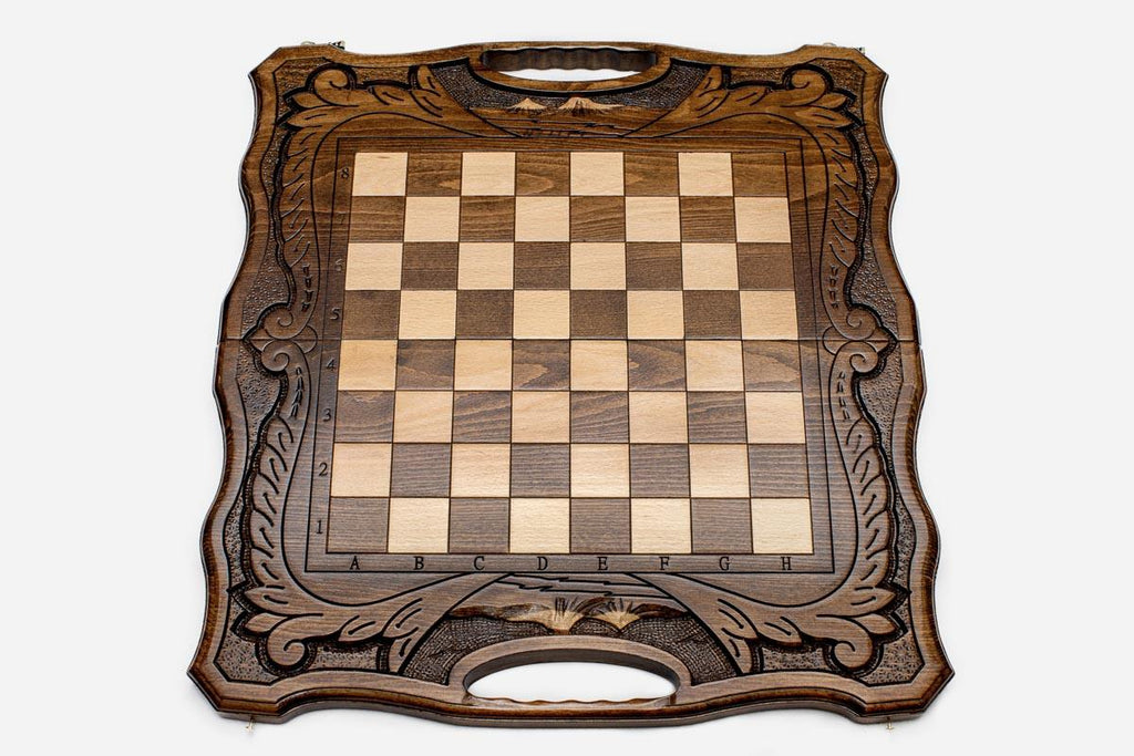 Close-up of the beech and walnut chess pieces on the maple inlaid squares