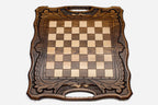 Close-up of the beech and walnut chess pieces on the maple inlaid squares