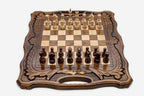 Angled view of the folding walnut chess set showing its carved frame