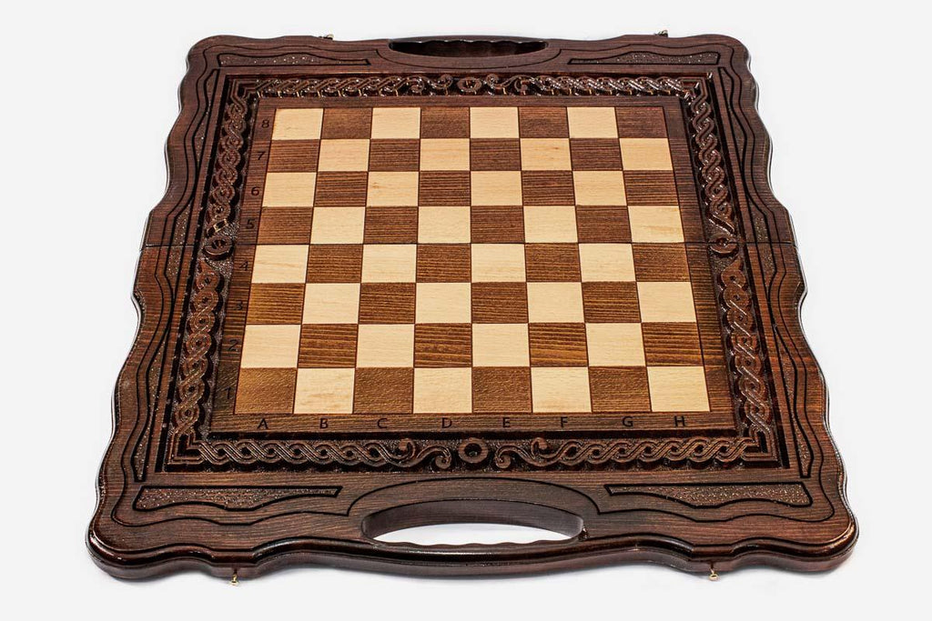 Large wooden chess and backgammon set folded with bronze hinges and clasps