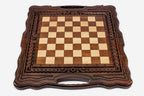 Large wooden chess and backgammon set folded with bronze hinges and clasps
