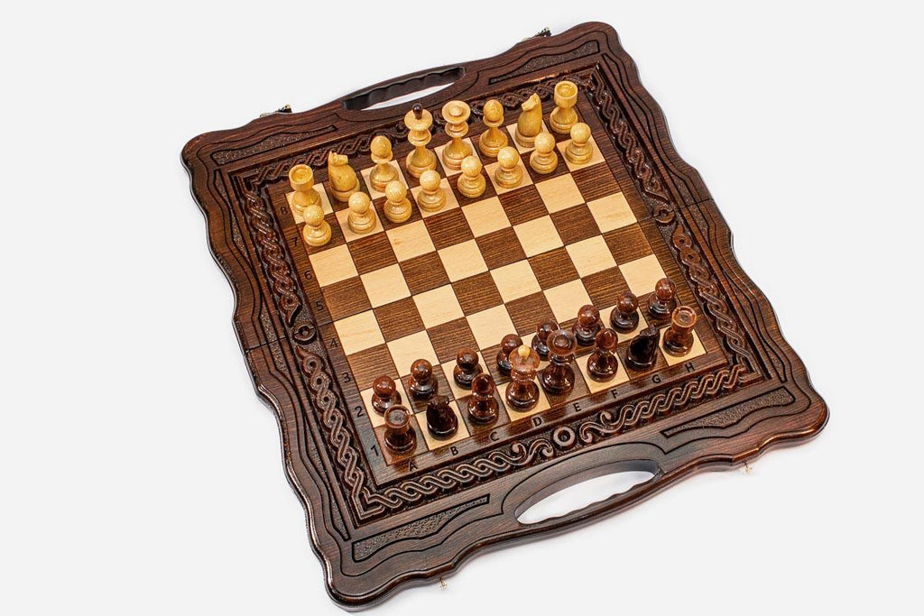 Chess set open with the backgammon playing field inside - 19.6 inch / 50 cm