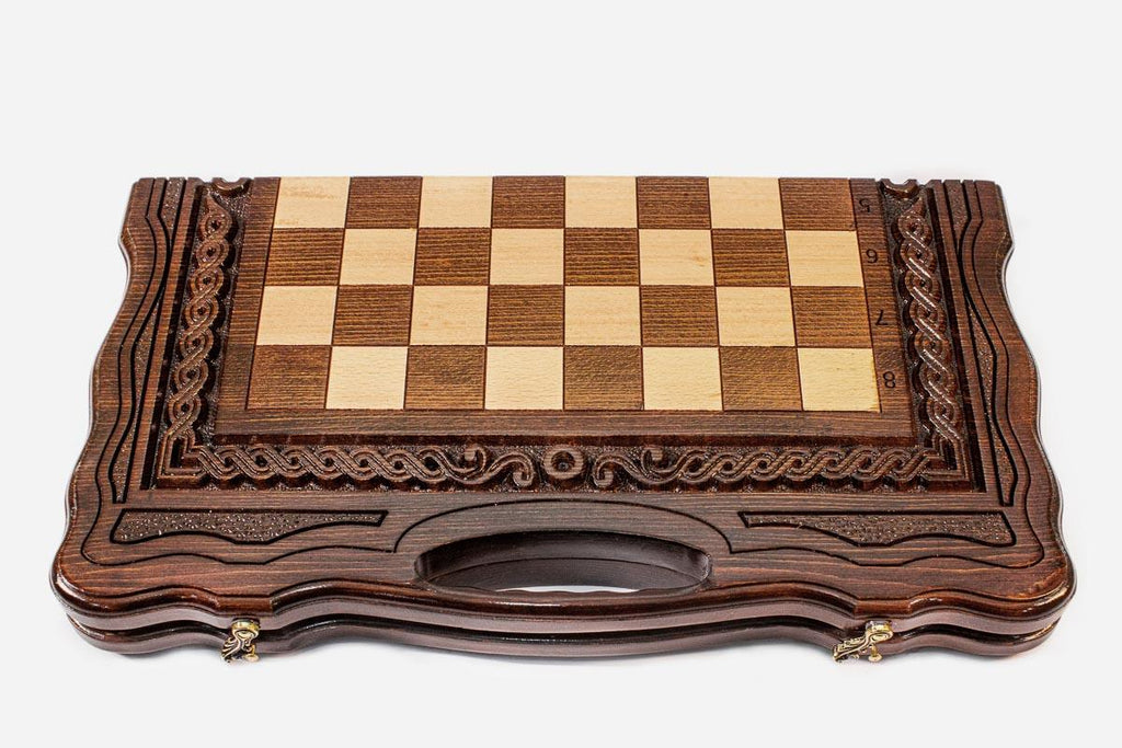 Handmade wooden chess set - side view with warm grain