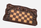 Figural bronze chess pieces on wooden bases - luxury chess set detail
