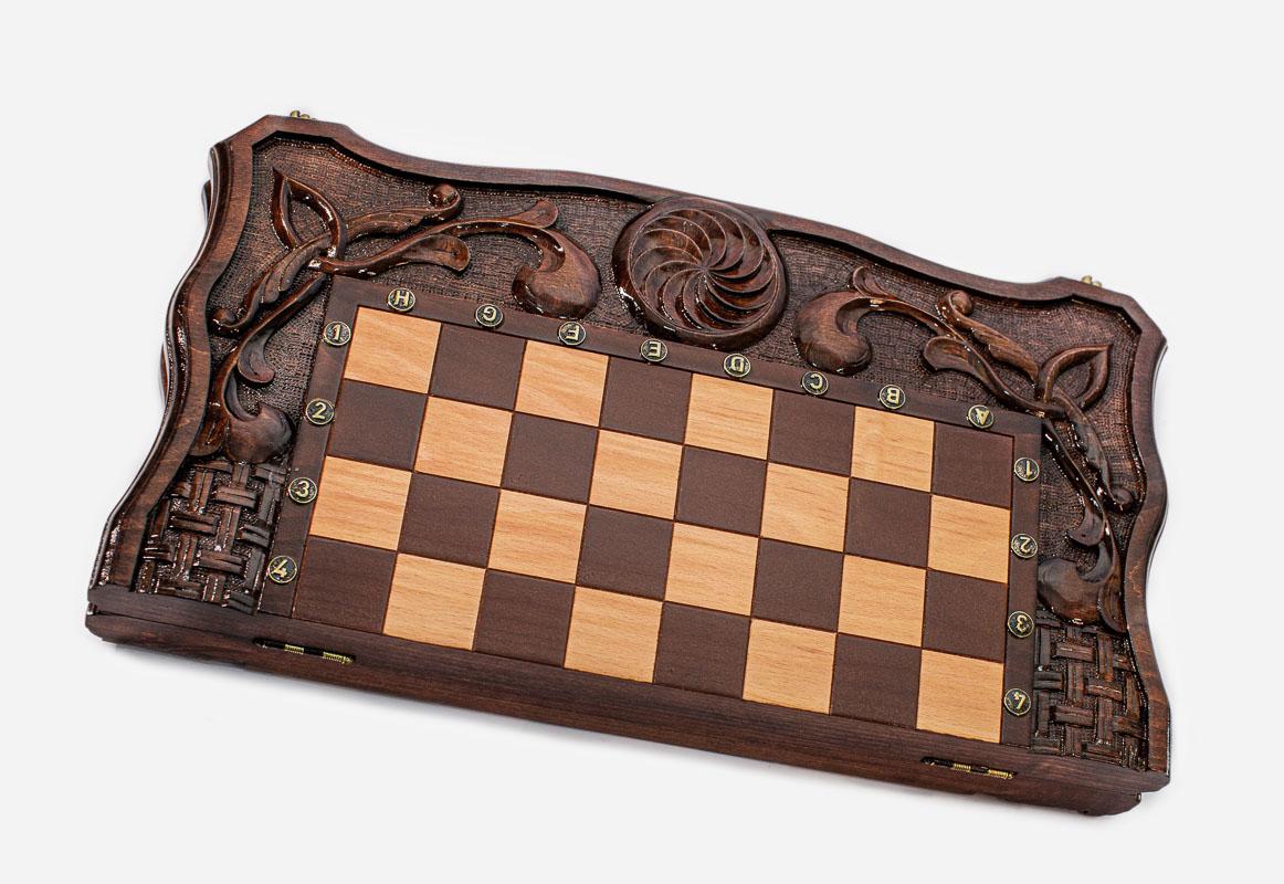 Figural bronze chess pieces on wooden bases - luxury chess set detail