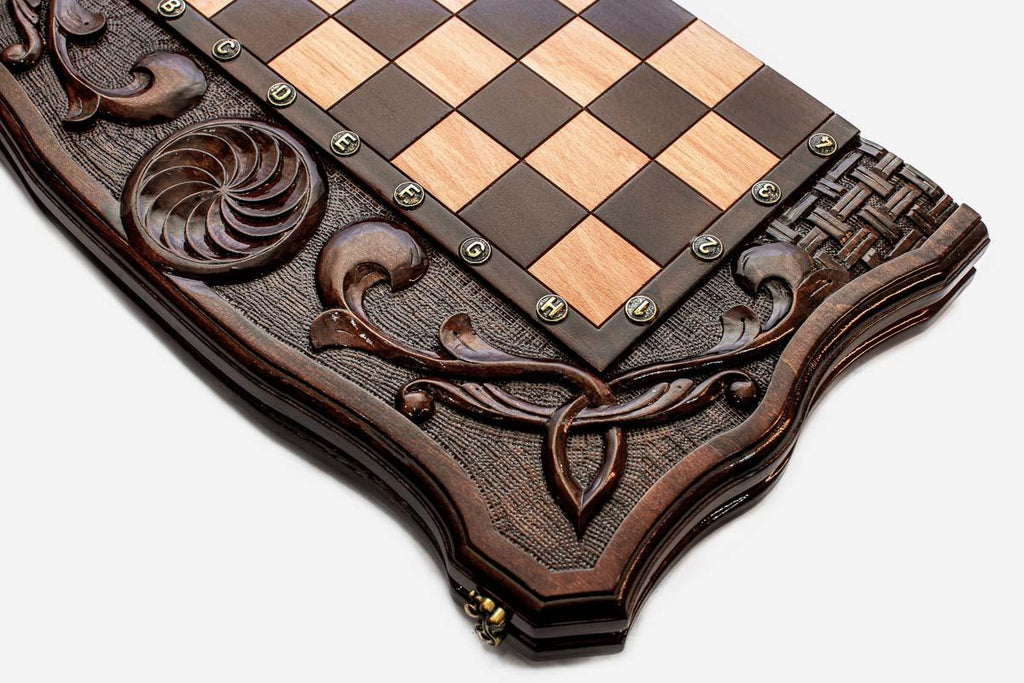 Chess set open with the backgammon playing field inside - 19.6 inch / 50 cm
