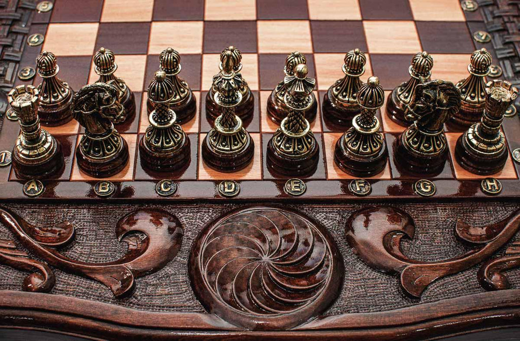 Hand-carved eternity sign chess set - angled view of the frame