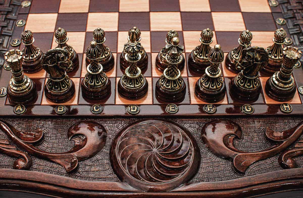 Hand-carved eternity sign chess set - angled view of the frame