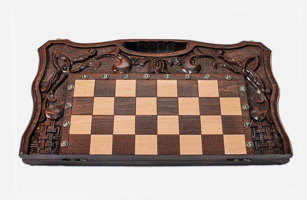 Chess set open with the backgammon playing field inside - 19.6 inch / 50 cm