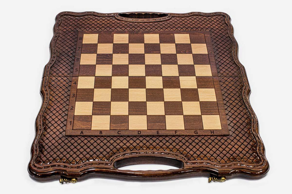 Luxury lattice chess and backgammon set folded with bronze hinges and clasps