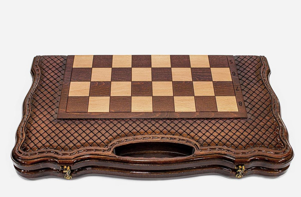 Chess set open with the backgammon playing field inside - 19.6 inch / 50 cm