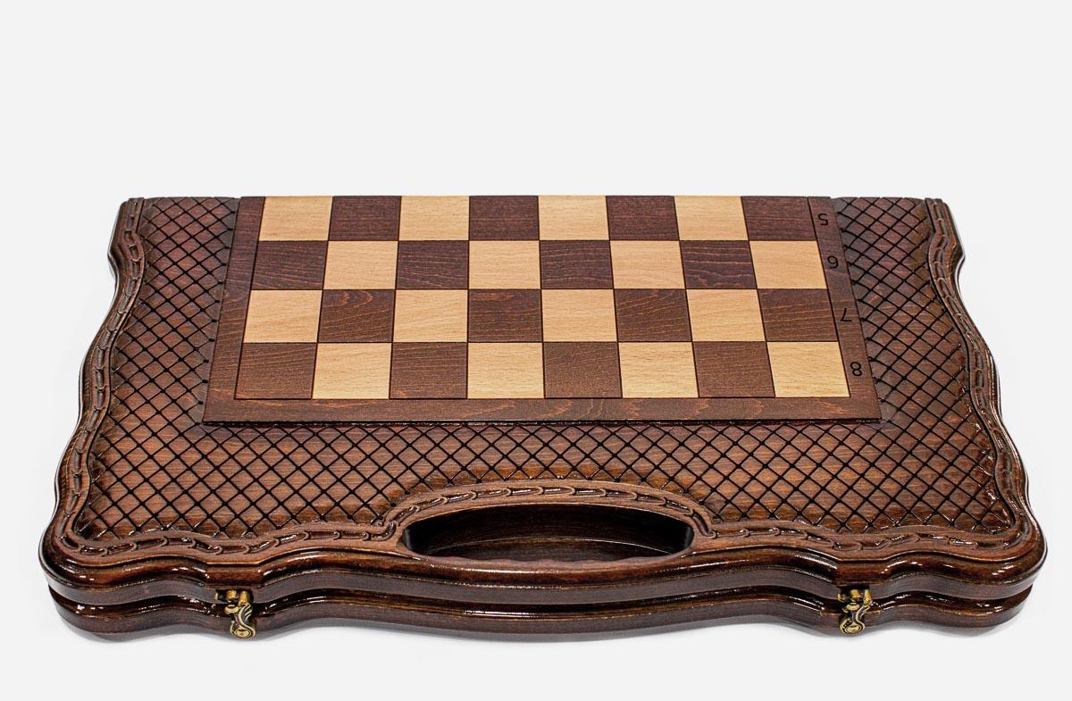 Chess set open with the backgammon playing field inside - 19.6 inch / 50 cm