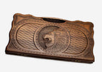 Beechwood backgammon board carved with a roaring lion in a diamond lattice