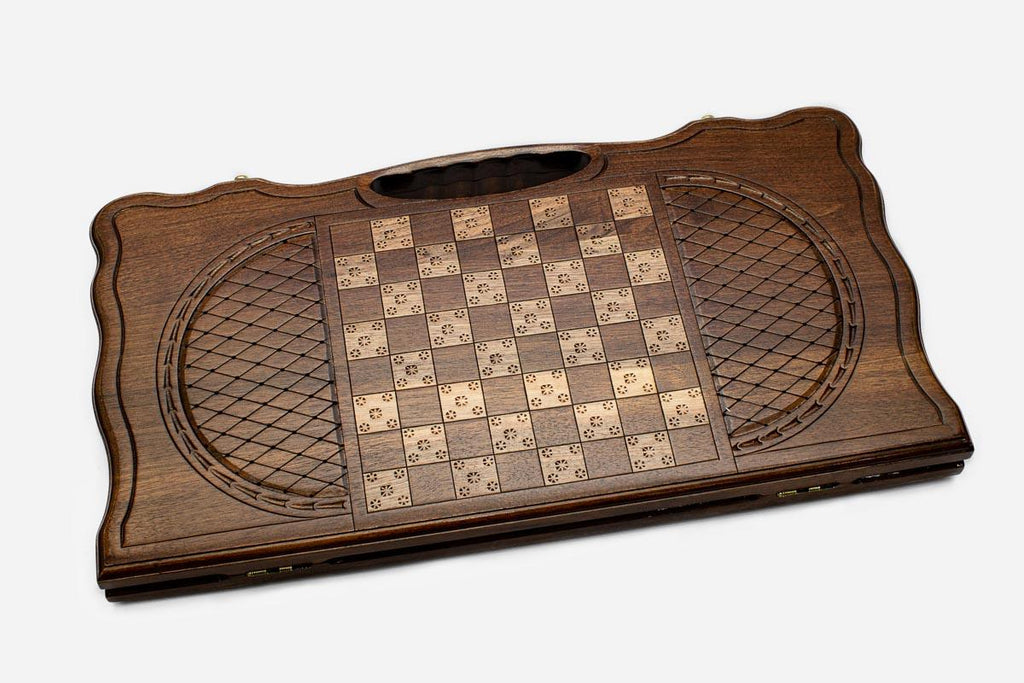 Roaring lion backgammon board, side view
