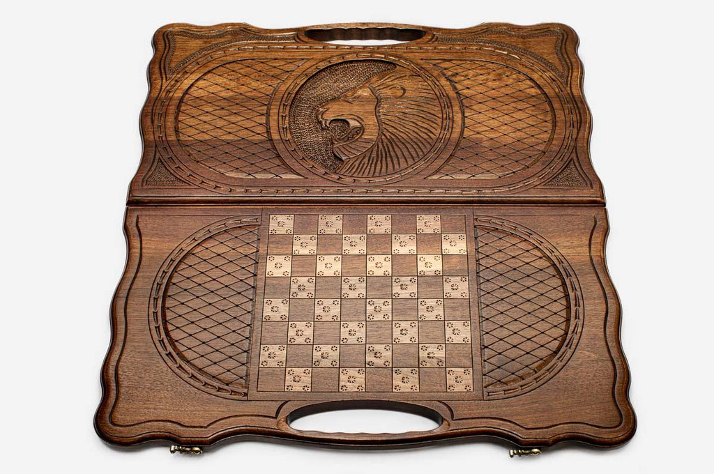 Backgammon board folded closed showing the carved lid