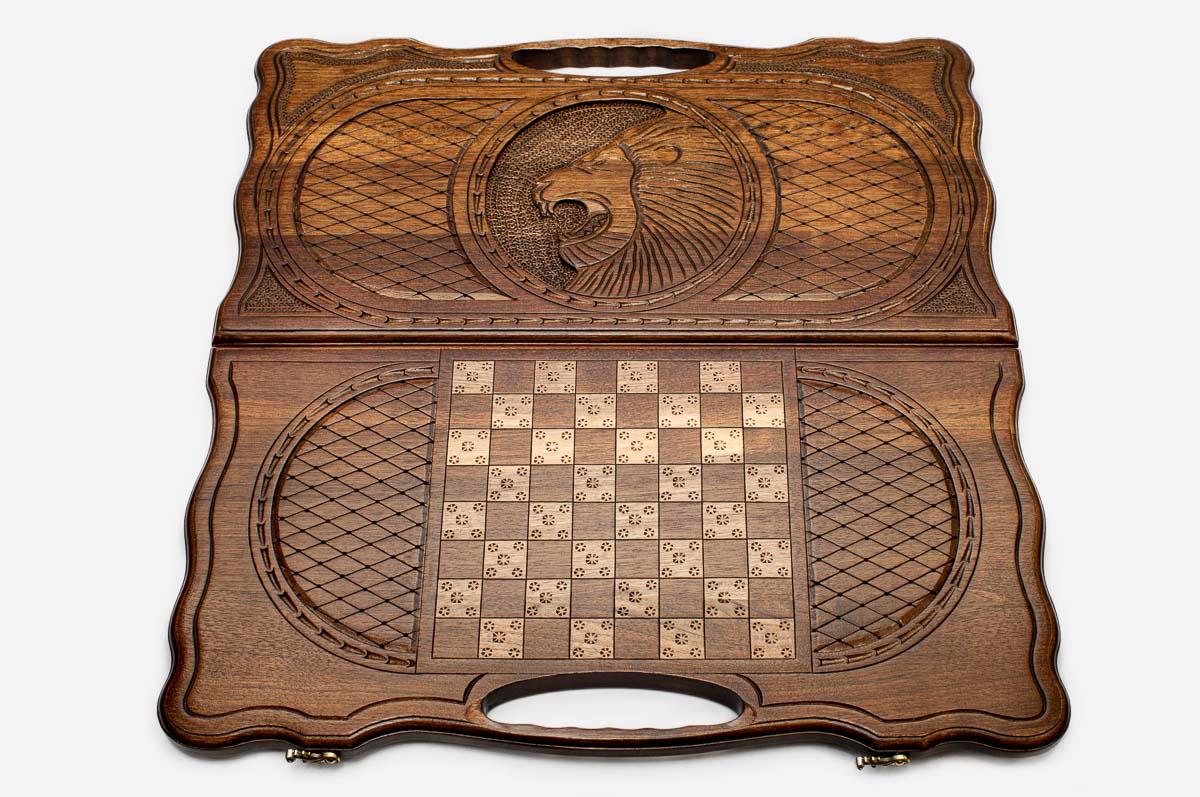 Backgammon board folded closed showing the carved lid