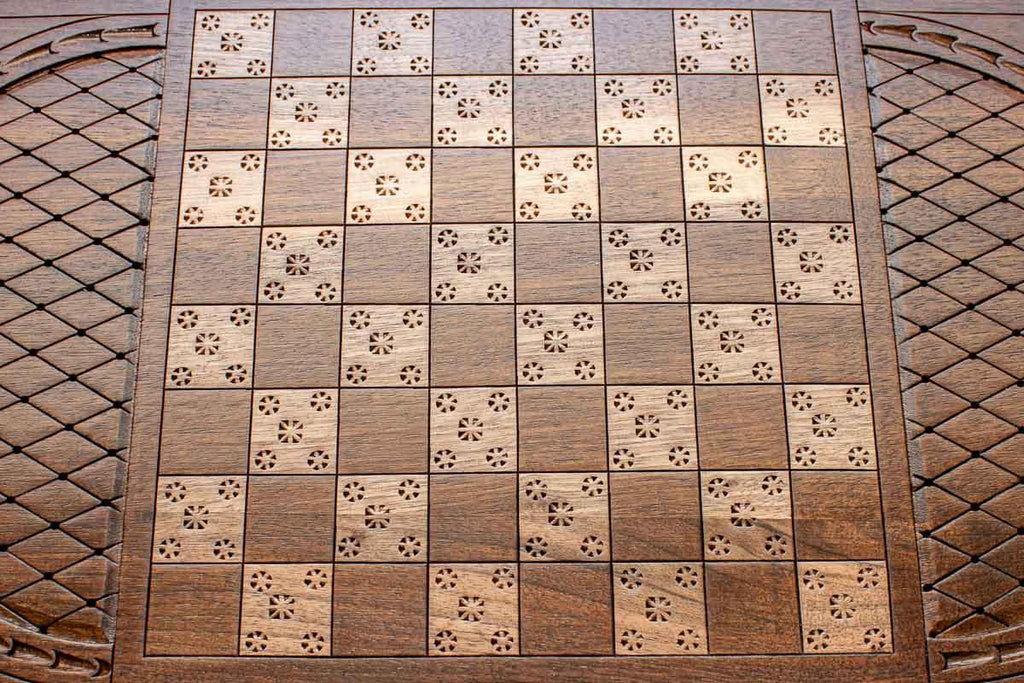 Carved lion and lattice backgammon board, full view