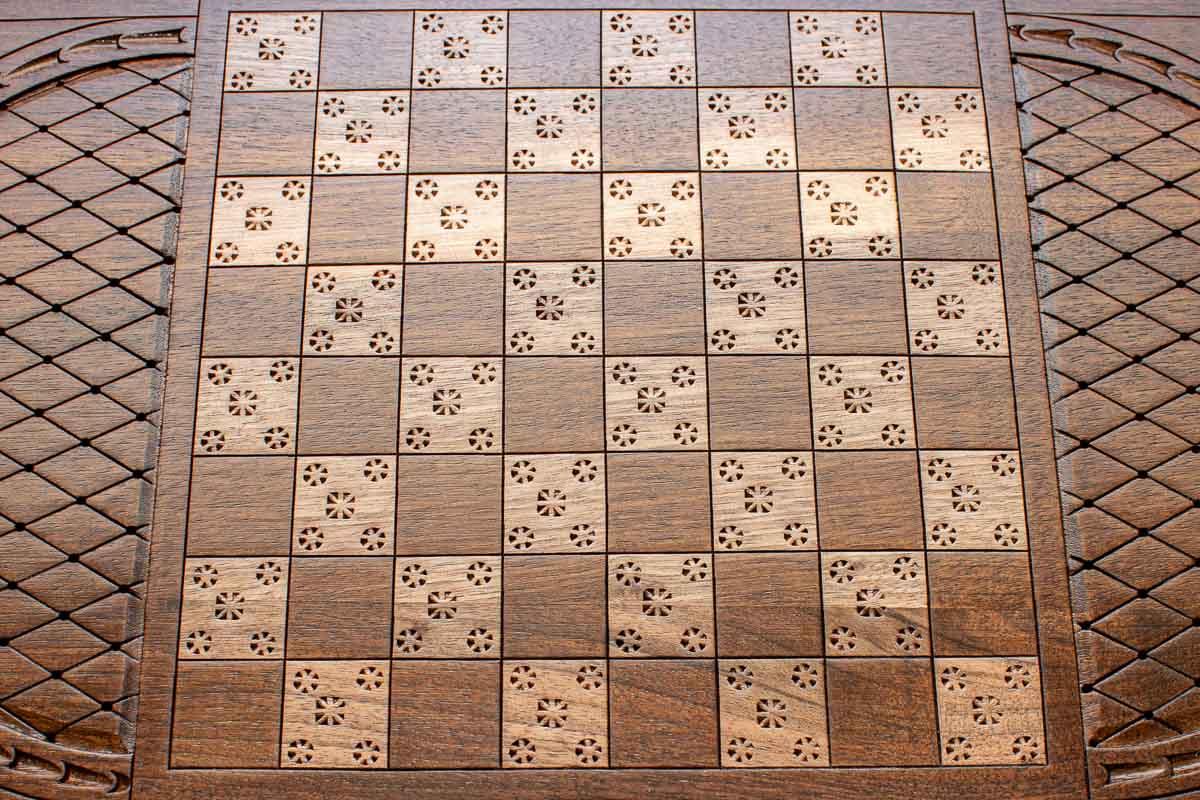 Carved lion and lattice backgammon board, full view