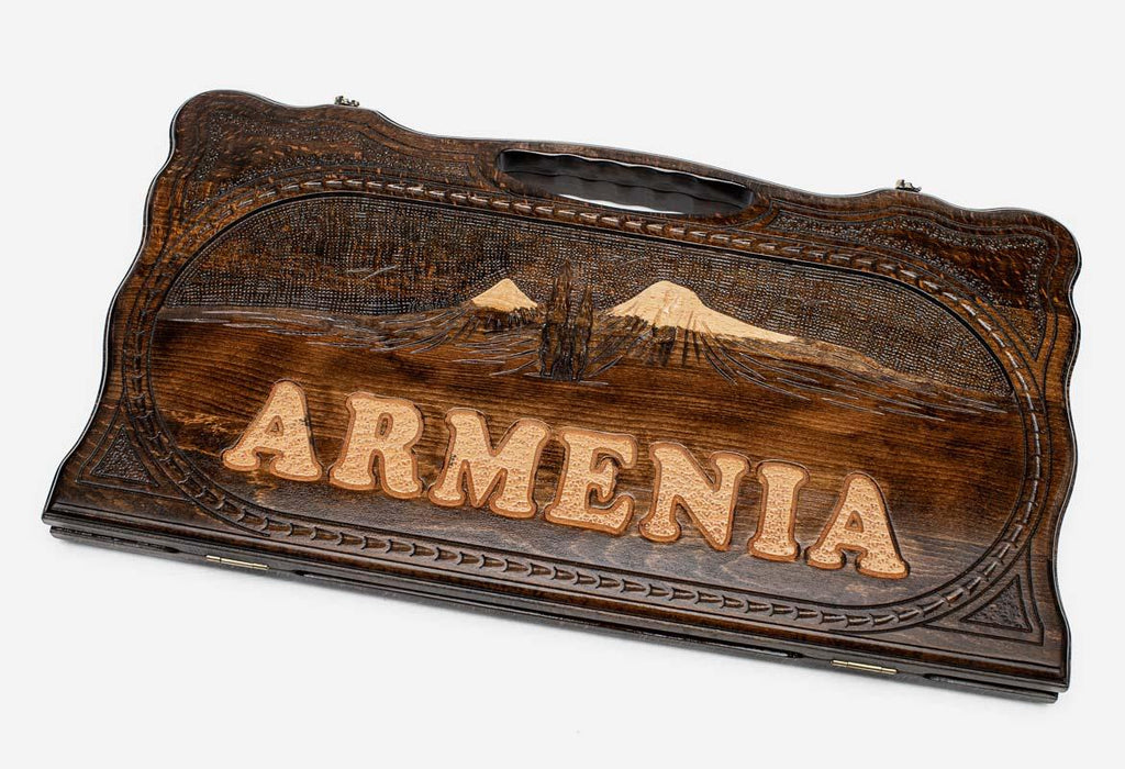 Armenian beechwood backgammon board carved with the word Armenia beneath Mount Ararat