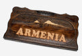 Armenian beechwood backgammon board carved with the word Armenia beneath Mount Ararat