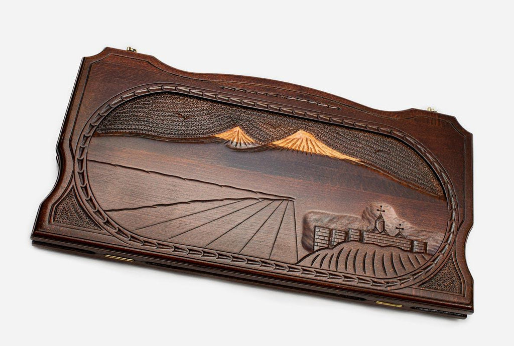 Handmade Armenian backgammon set with Mount Ararat and Khor Virap hand-carved on the wooden board