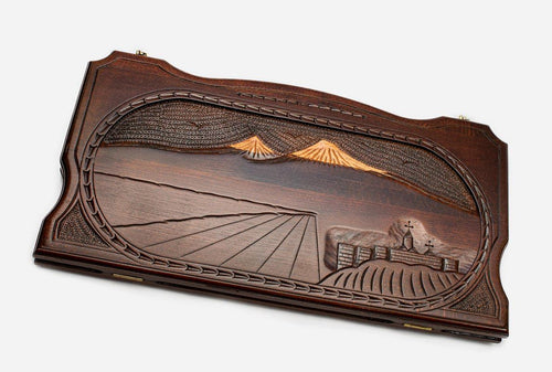 Handmade Armenian backgammon set with Mount Ararat and Khor Virap hand-carved on the wooden board