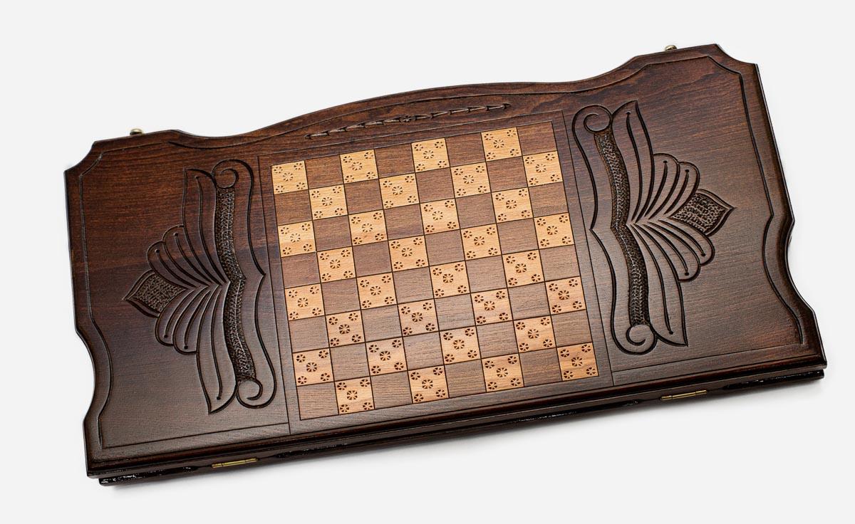 Wooden Armenian backgammon set folded closed, showing the carved Ararat and Khor Virap lid