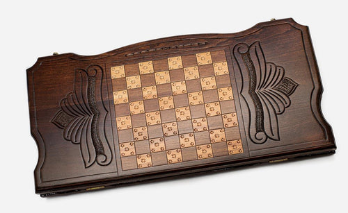 Wooden Armenian backgammon set folded closed, showing the carved Ararat and Khor Virap lid