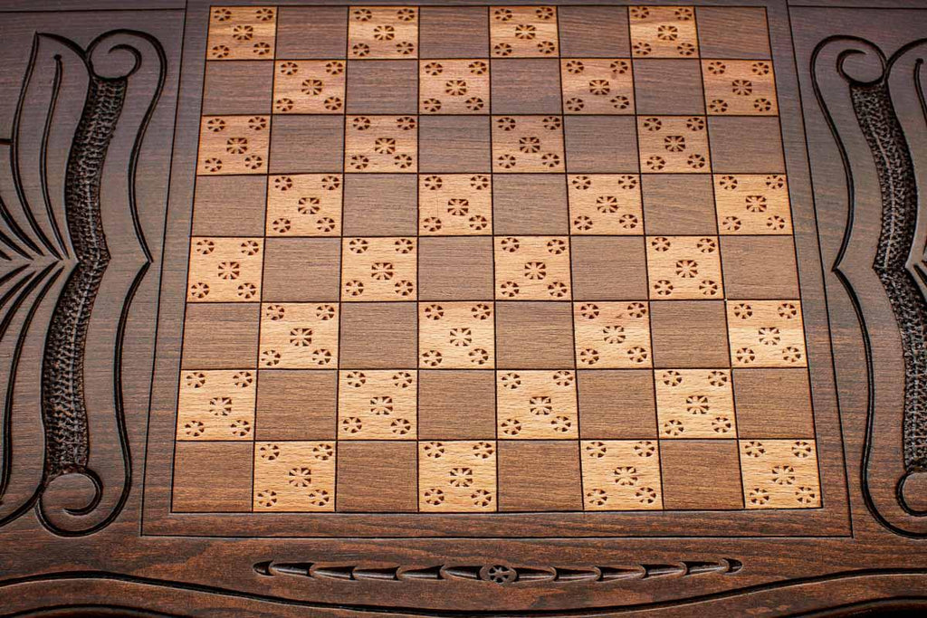 Wooden Armenian backgammon set showing the full Ararat and Khor Virap carving