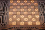 Wooden Armenian backgammon set showing the full Ararat and Khor Virap carving