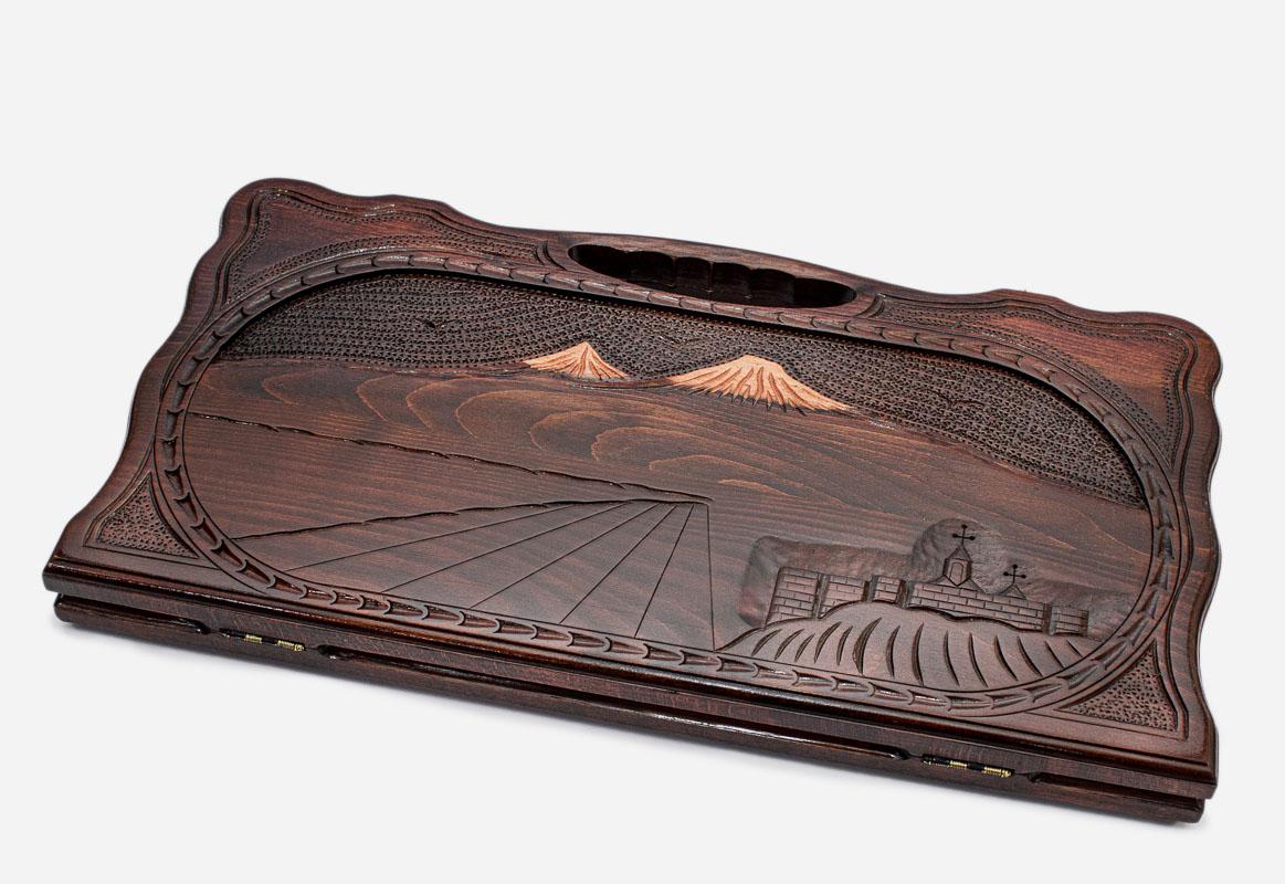 Armenian beechwood backgammon board carved with Mount Ararat and Khor Virap Monastery