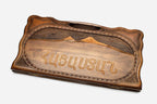 Armenian beechwood backgammon board carved with the word Hayastan beneath Mount Ararat