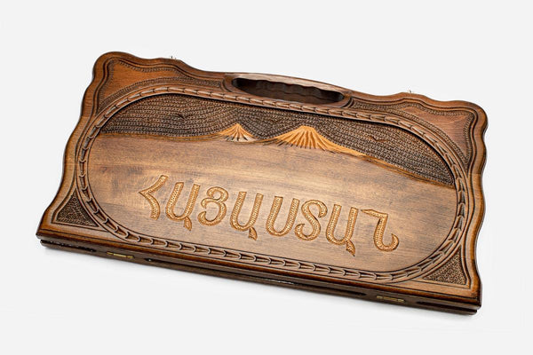 Armenian beechwood backgammon board carved with the word Hayastan beneath Mount Ararat