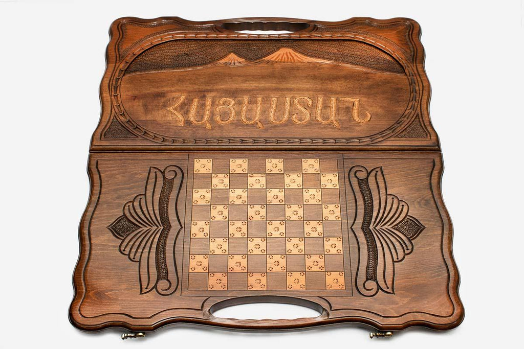 Armenian backgammon board folded closed showing carved lid