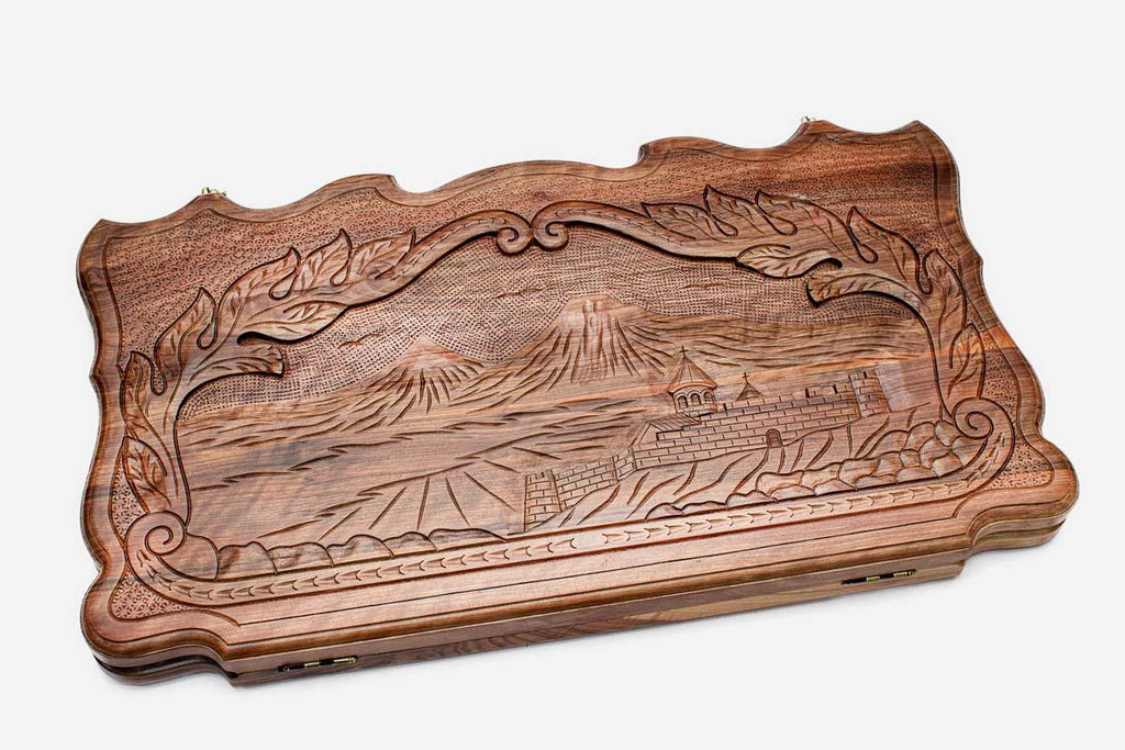 Armenian backgammon set carved with Mount Ararat and Khor Virap monastery