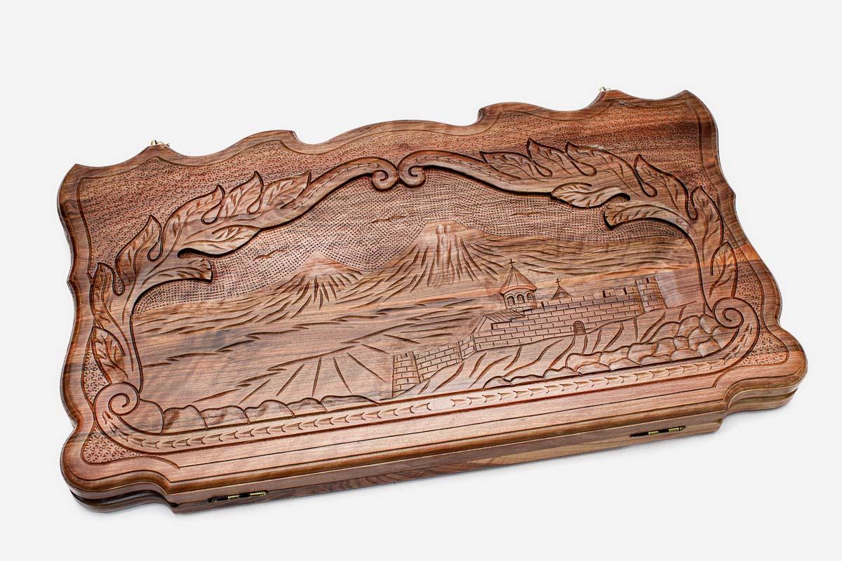 Armenian backgammon set carved with Mount Ararat and Khor Virap monastery