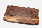 Carved reverse face of walnut Armenian backgammon set with fantail birds