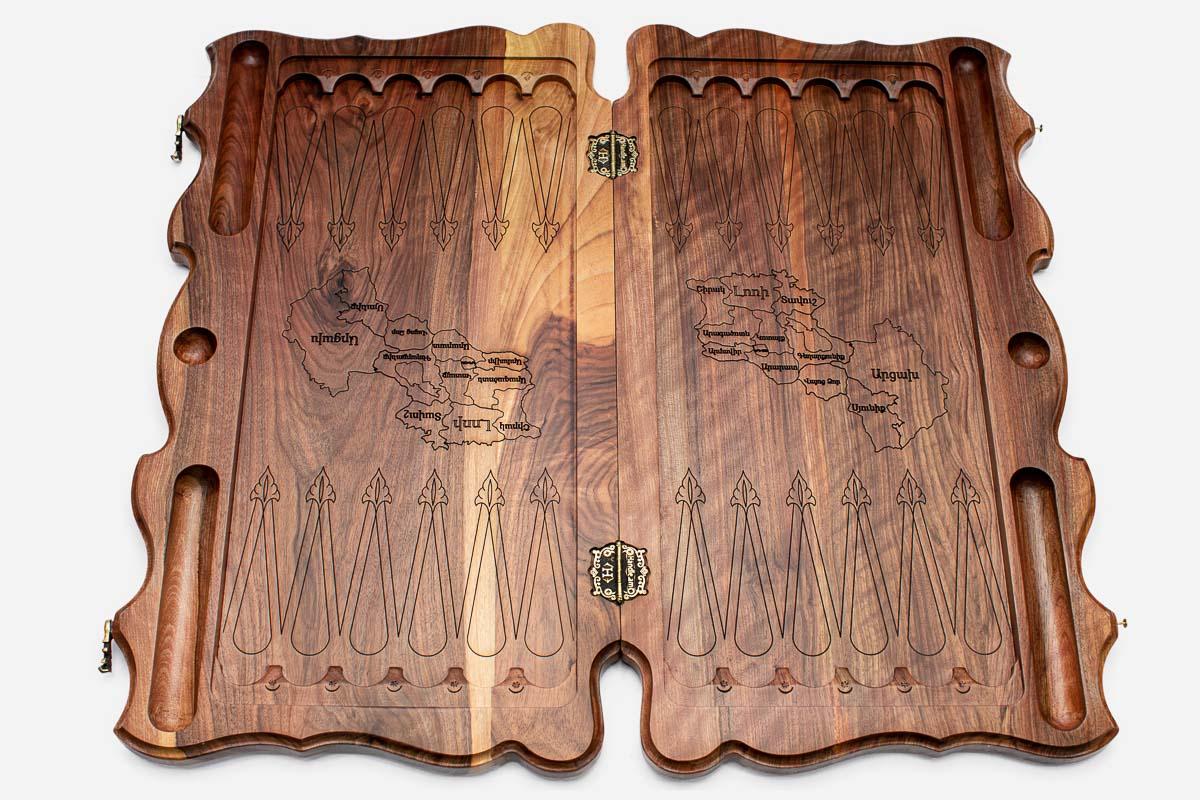Walnut nardi board interior with carved map of Armenia provinces