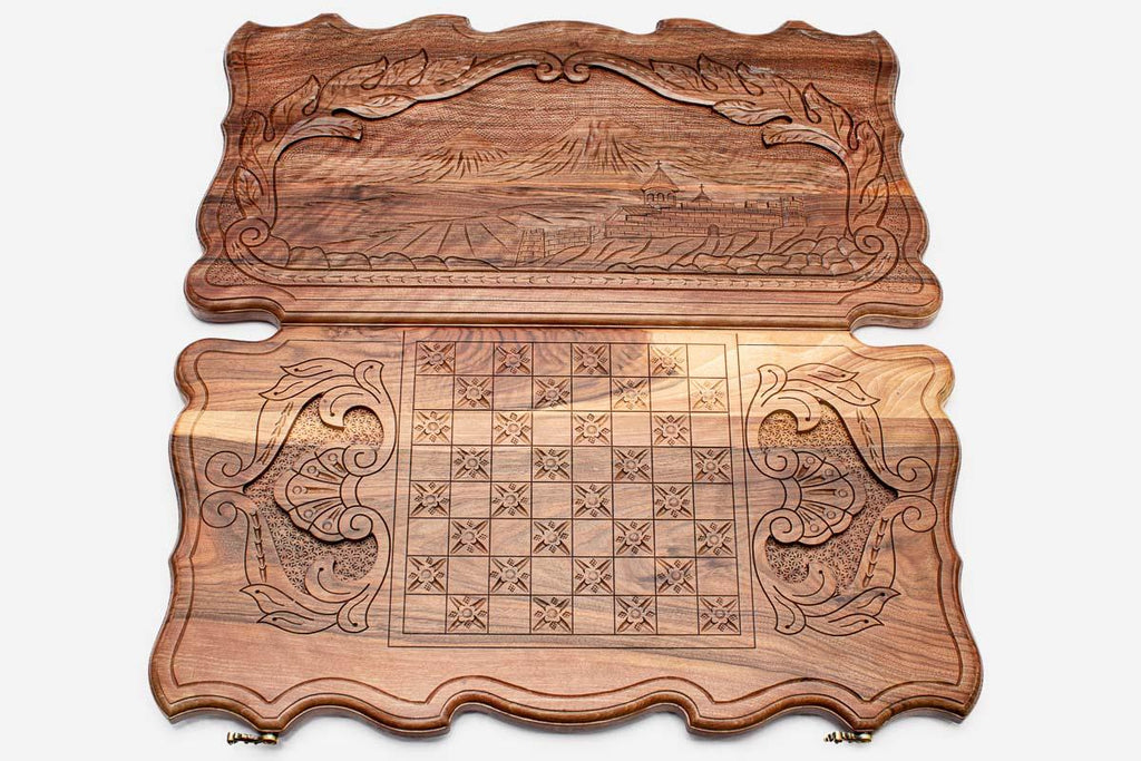 Sculpted walnut Armenian backgammon set fully open