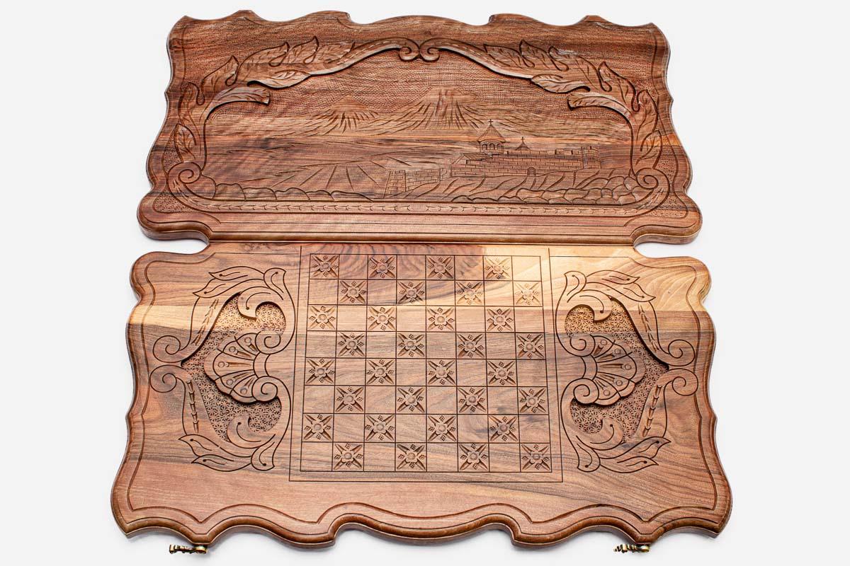 Sculpted walnut Armenian backgammon set fully open