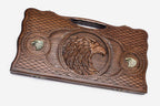 Carved beechwood backgammon board with a bronze-accented eagle, propped open