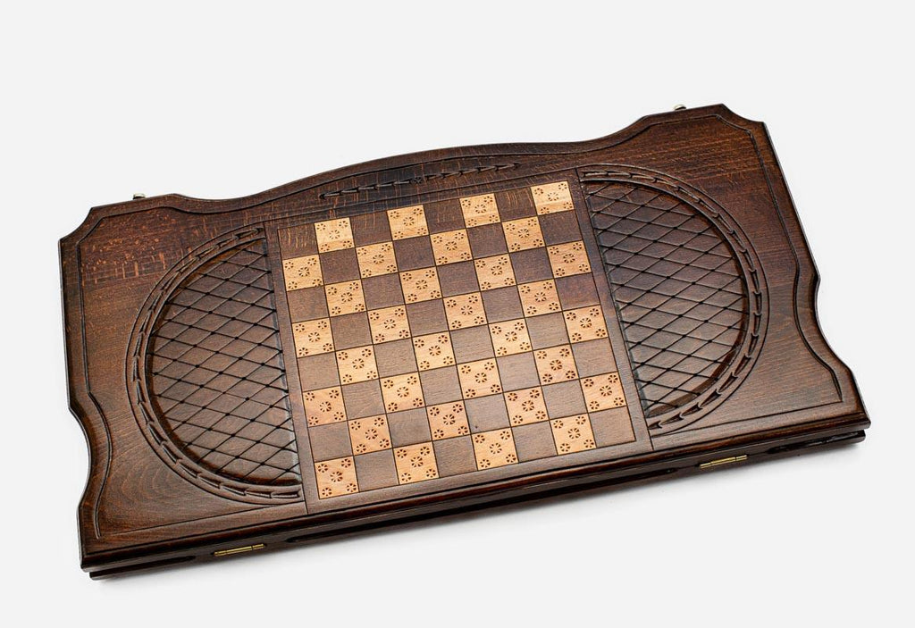 Reverse face of eagle wooden backgammon set with carved ornament ovals