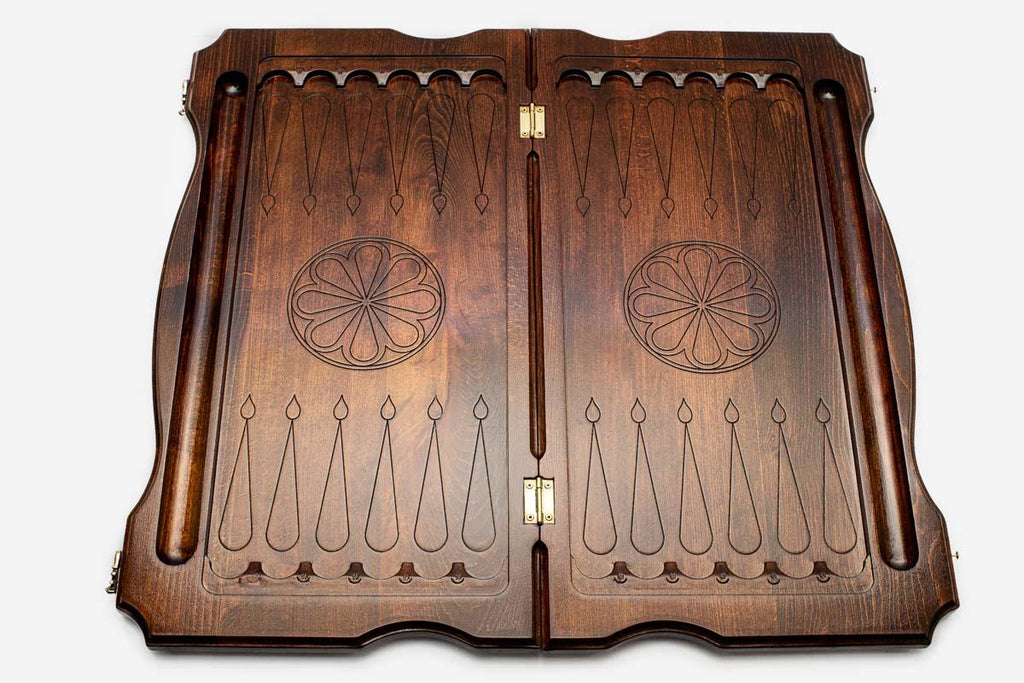 Eagle backgammon set interior with teardrop points and carved ornaments