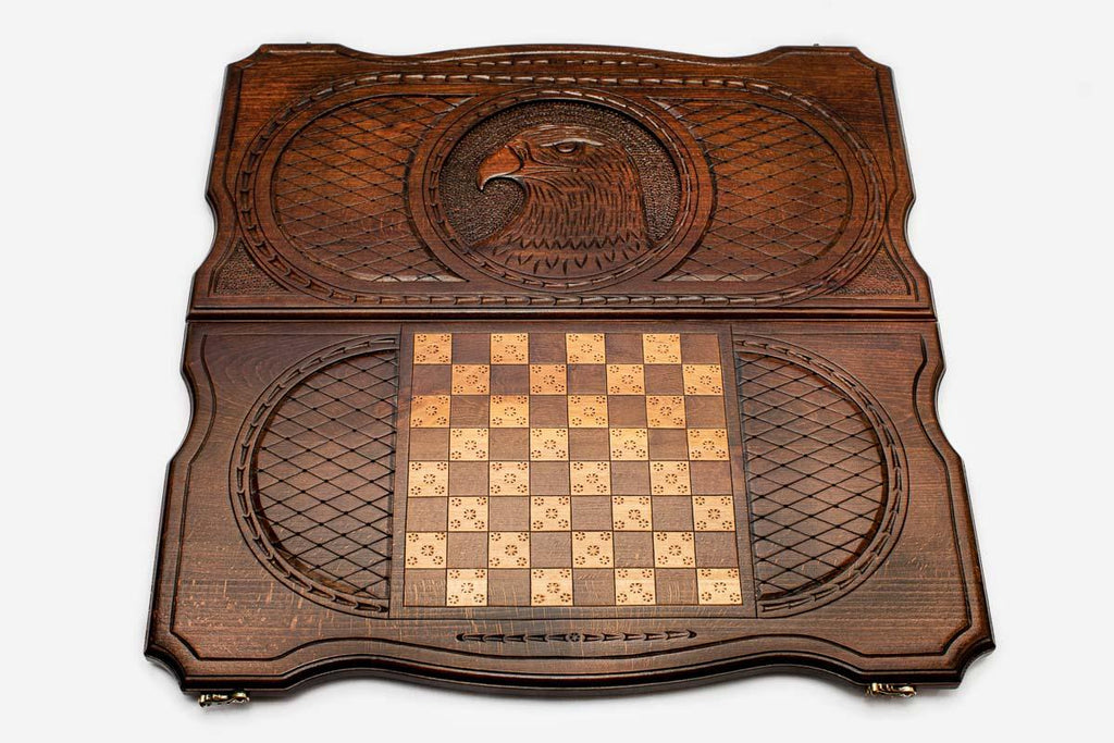 Eagle wooden backgammon set, both faces open