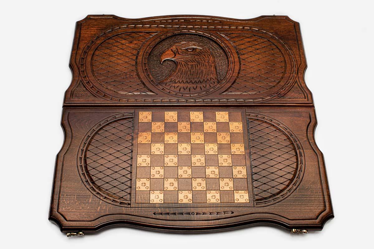 Eagle wooden backgammon set, both faces open