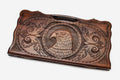 Carved beechwood backgammon board with a soaring eagle and carry handle, propped open